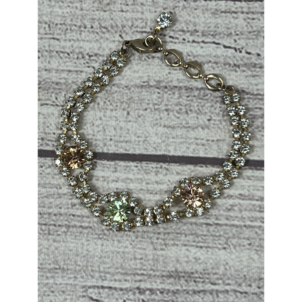 Vintage Rhinestone Bracelet Green Champagne Crystal Gold‎ Tone Tennis 8.5"